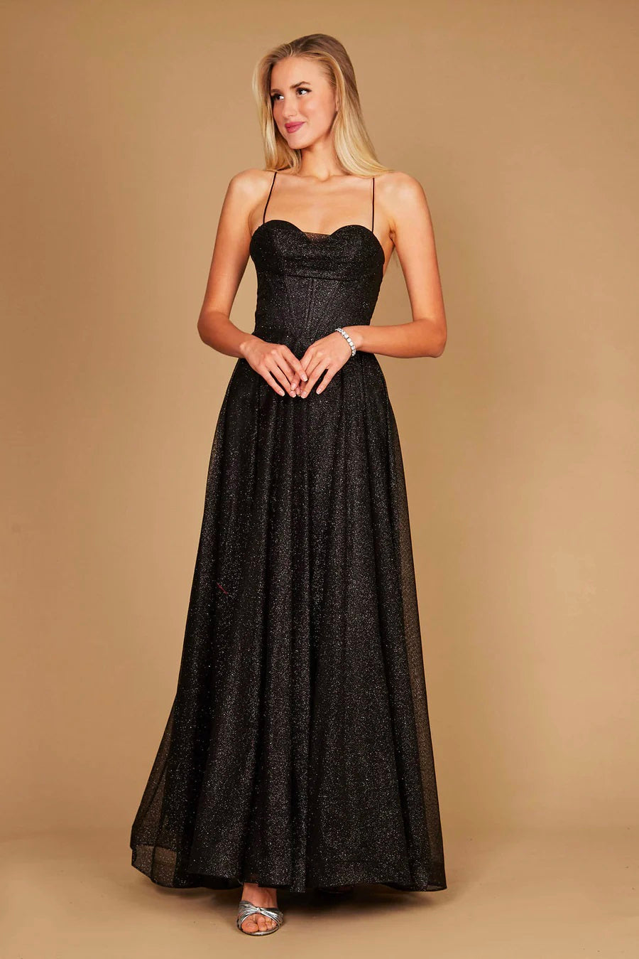 11380B Black, Long Sparkling Cowl Corset A-line wiith split