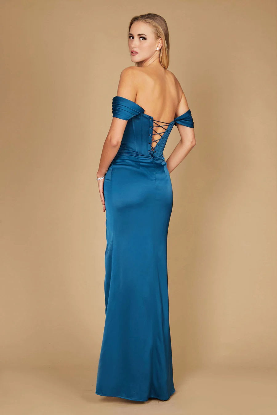 11385 Teal satin corset fitted split - detachable off shoulder