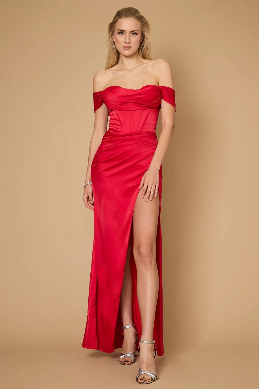 11385R Red satin corset fitted split - detachable off shoulder.