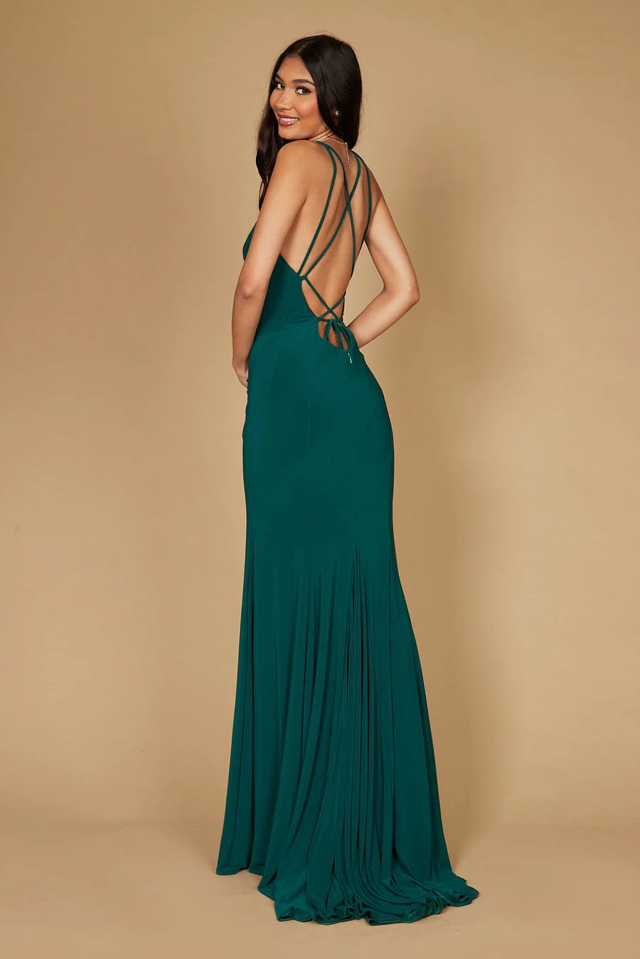 11388E Emerald halter, fitted, split - open back.