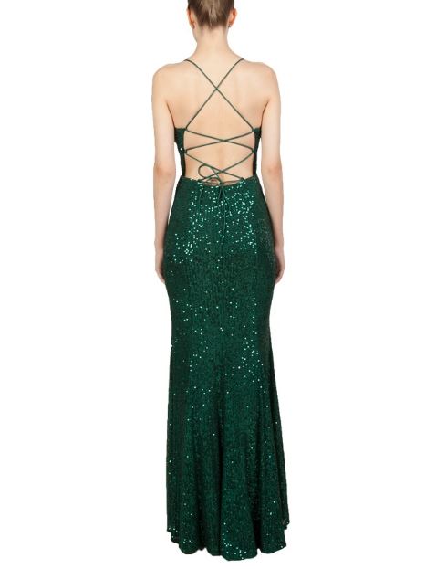11390 green fitted, soft sequin, open back, split.