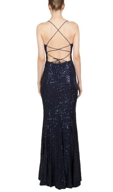 11390N navy fitted, soft sequin, low open back, split.