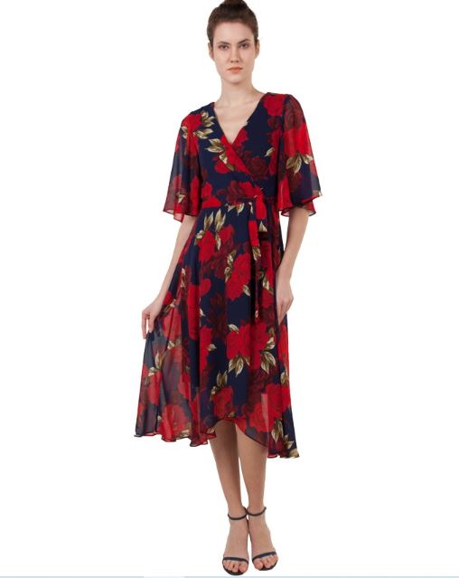 11395 navy/red floral. V neck. A line. Flutter sleeves.