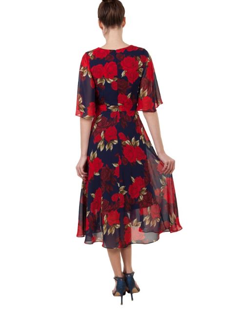 11395 navy/red floral. V neck. A line. Flutter sleeves.