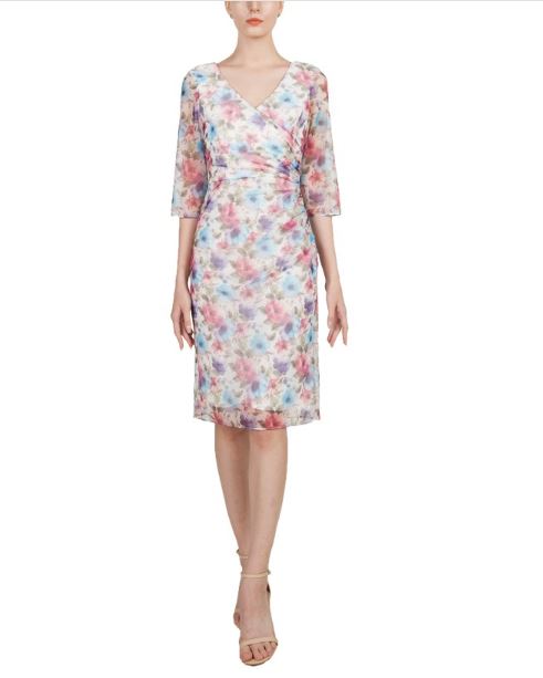 11396 Soft blue and pink floral midi. Semi fitted