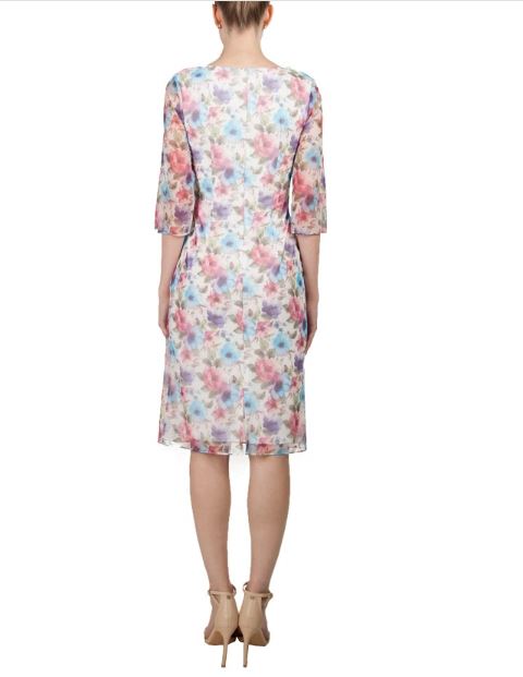 11396 Soft blue and pink floral midi. Semi fitted