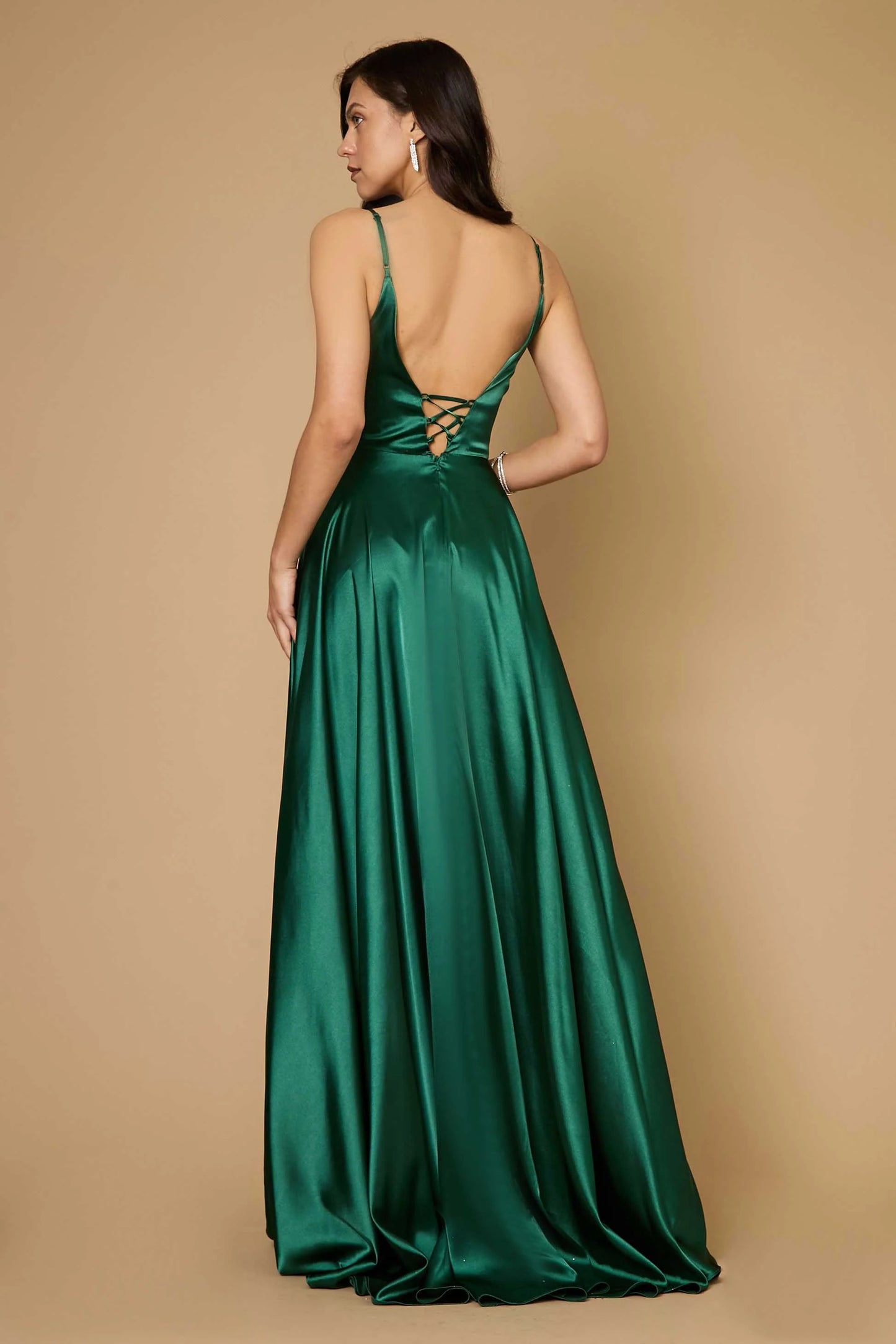 11410 French navy satin A-line ball gown.