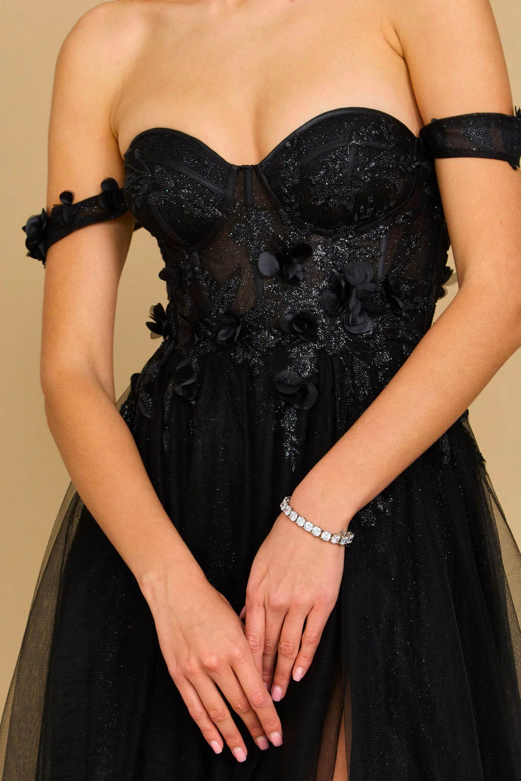 11425 Black, off shoulder, corset with 3d detail. A-line