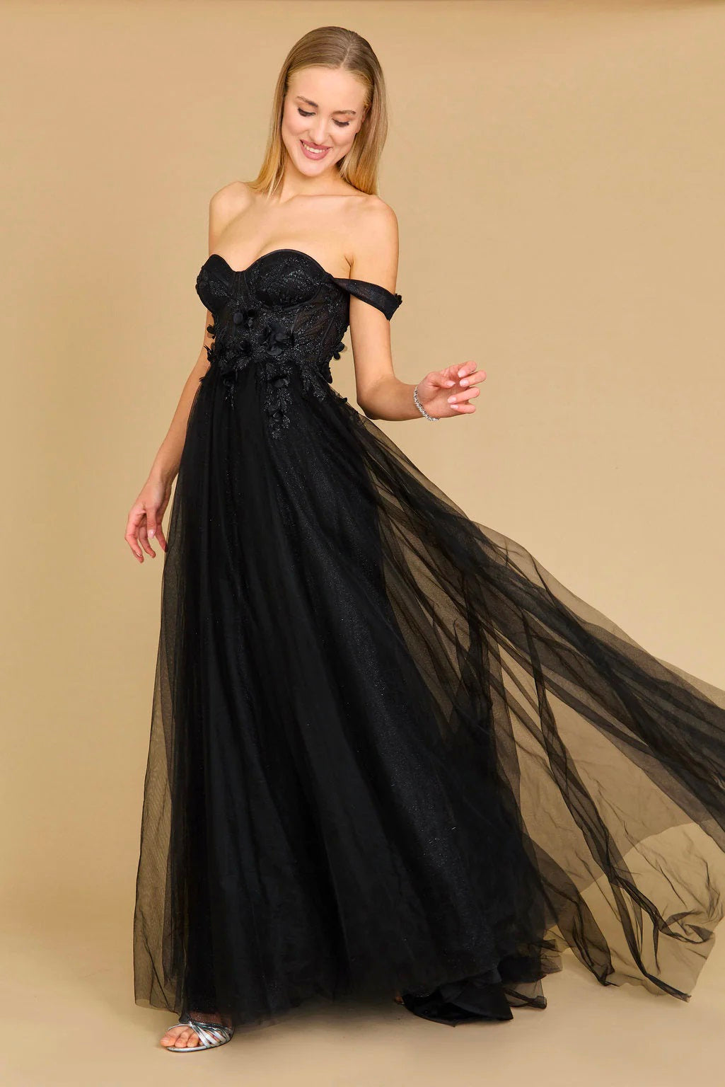 11425 Black, off shoulder, corset with 3d detail. A-line