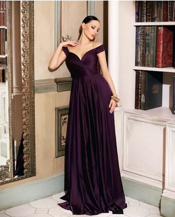 11451 A line. Off shoulder. Plum Satin