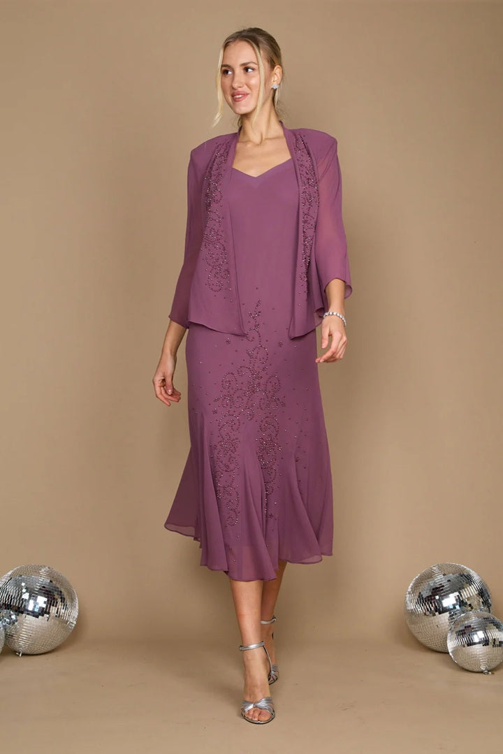 11475 Dark Rose Chiffon. Dress and matching jacket with sleeves.