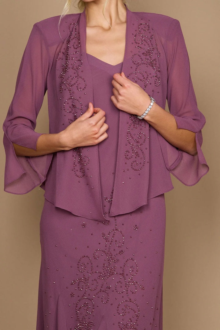 11475 Dark Rose Chiffon. Dress and matching jacket with sleeves.