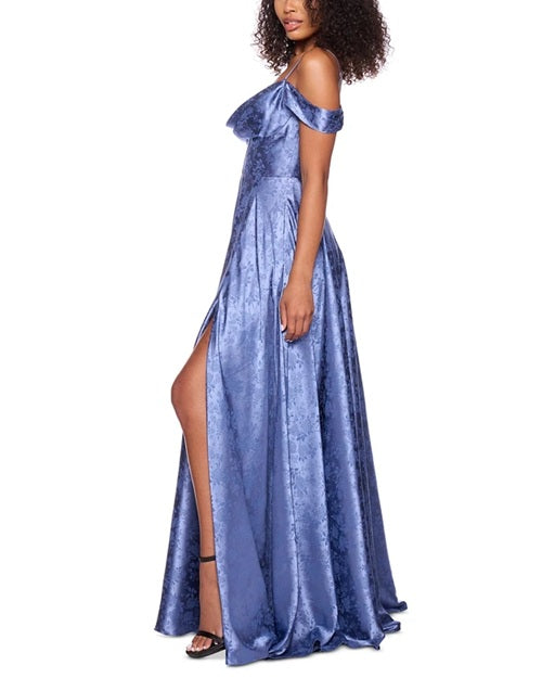 11489 Chambray blue satin a line with split and off shoulder