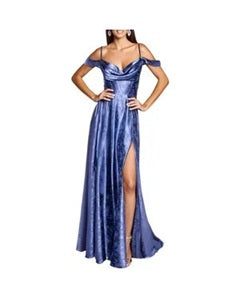 11489 Chambray blue satin a line with split and off shoulder