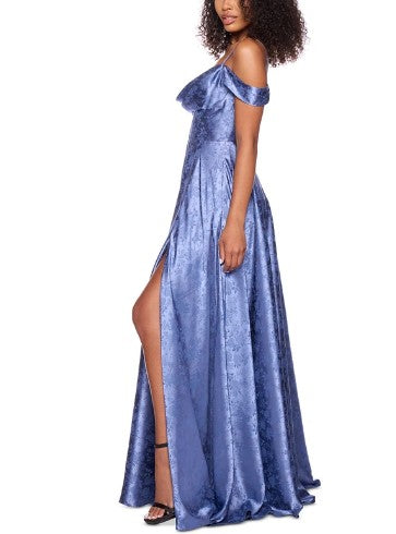 11489 Chambray blue satin a line with split and off shoulder