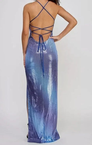 11490 Blue Ombré Sequins Lace-Up Back