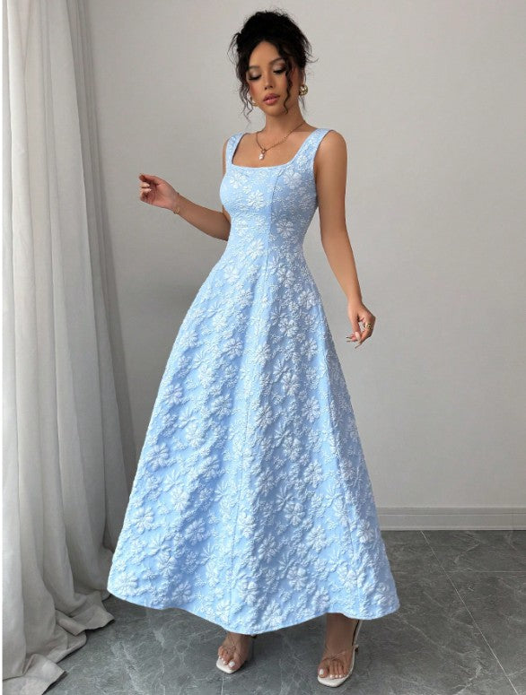 11513 Light blue floral jacquard vintage midi HIRE