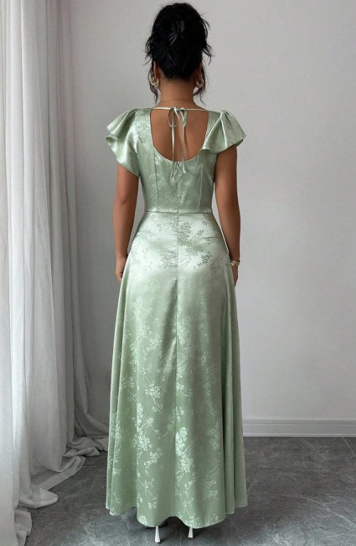 11514 Green floral, square neck, maxi, split.