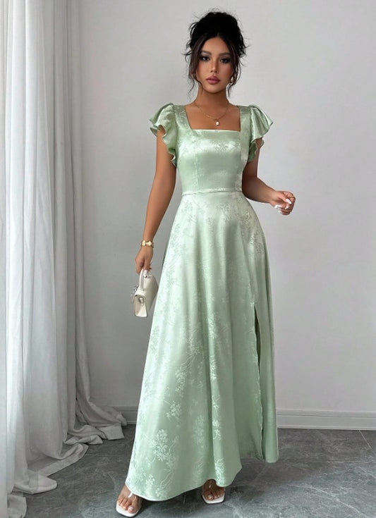 11514 Green floral, square neck, maxi, split.