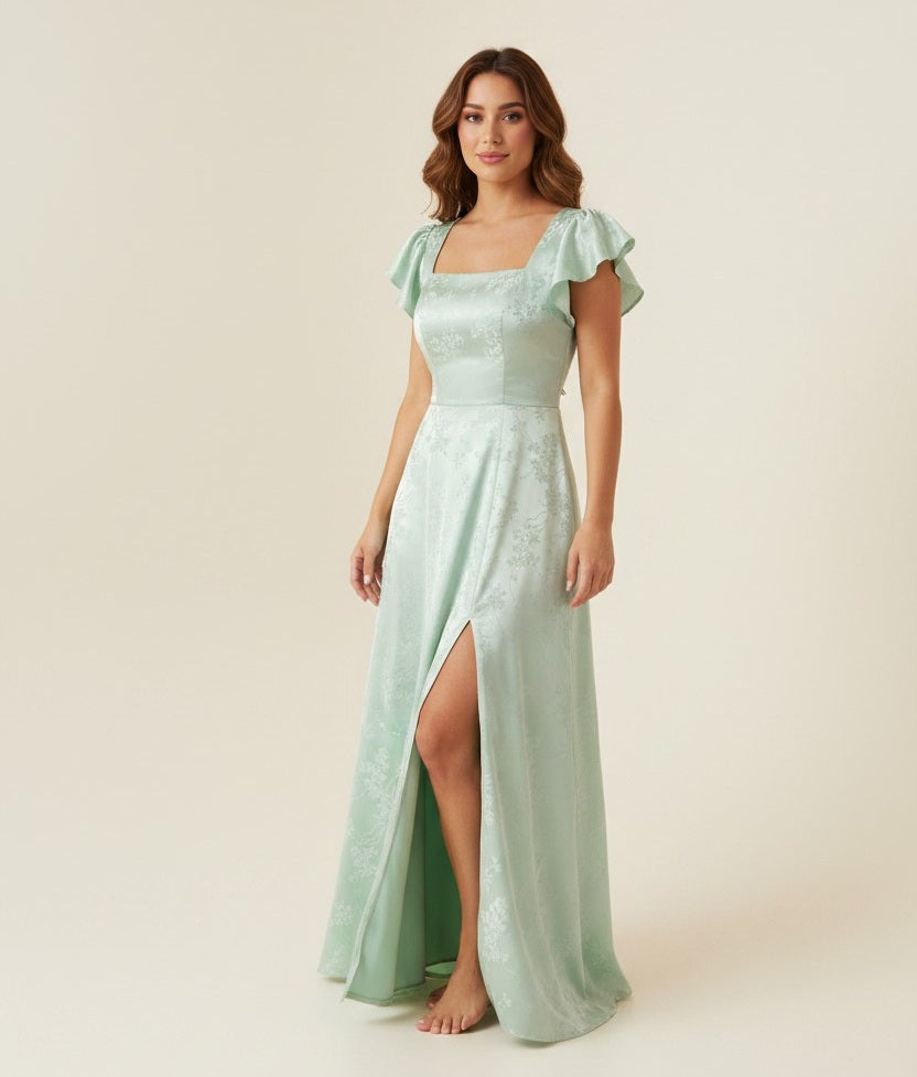 11514 Green floral, square neck, maxi, split