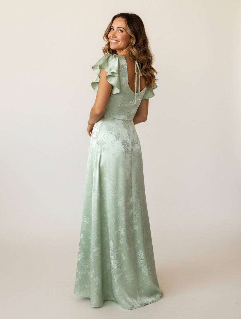 11514 Green floral, square neck, split. HIRE.