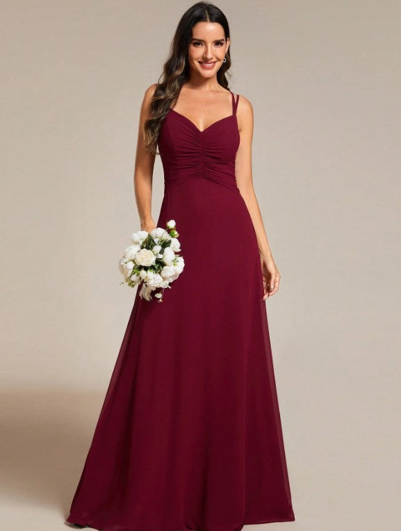 11516 Burgundy, chiffon, v neck a line