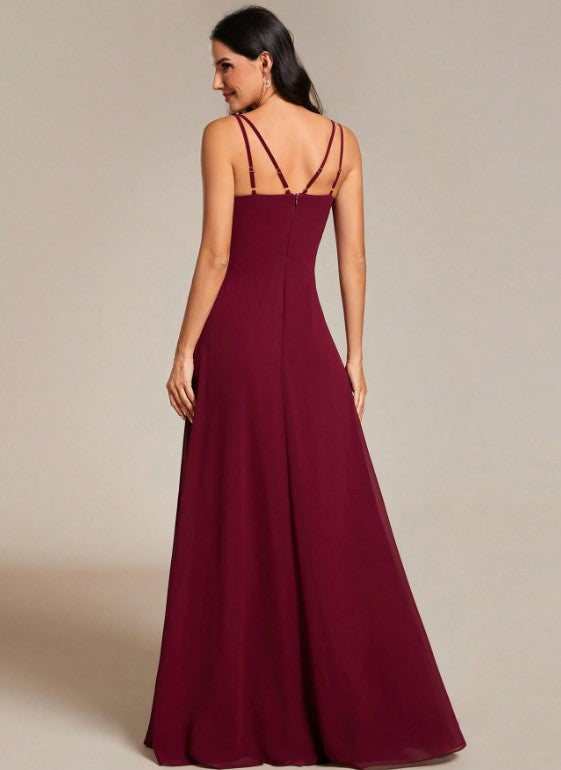 11516 Burgundy, chiffon, v neck a line