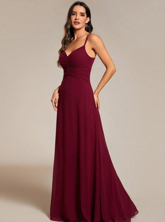 11516 Burgundy, chiffon, v neck a line
