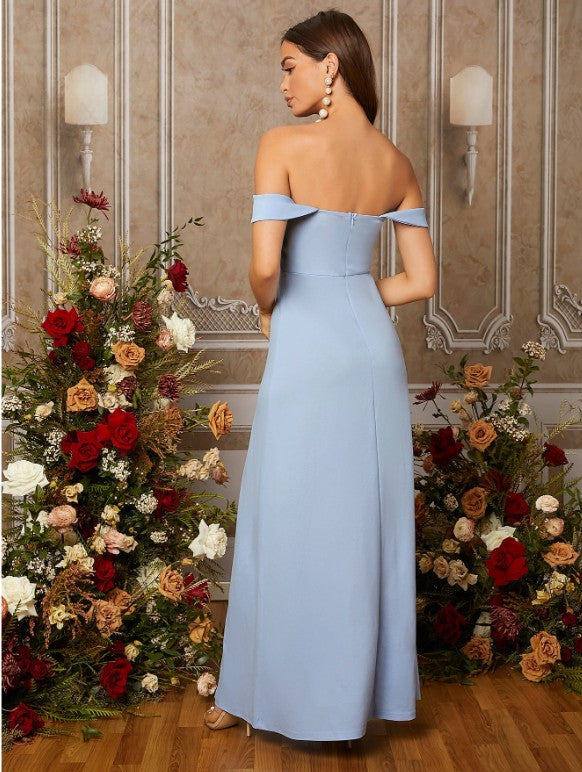 11518 Light blue crepe, off shoulder semi fitted, split HIRE