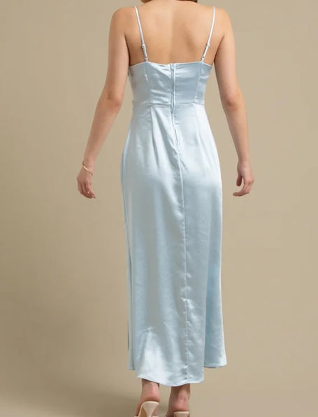 11521 Baby blue, soft satin, with cowl neck. HIRE