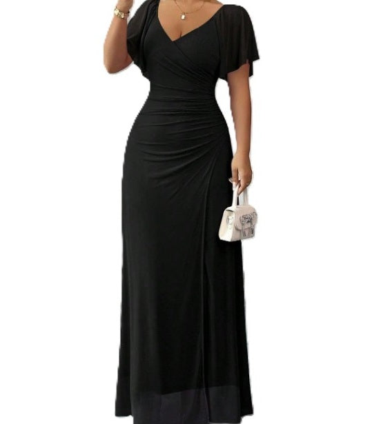 11540 Black mesh stretchy semi fitted flutter sleeve HIRE