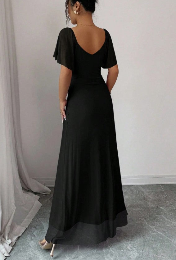 11540 Black mesh stretchy semi fitted flutter sleeve