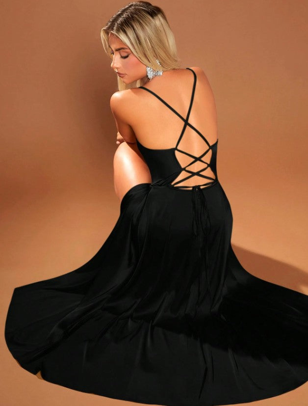 11542 Black satin cowl neck midi. HIRE.