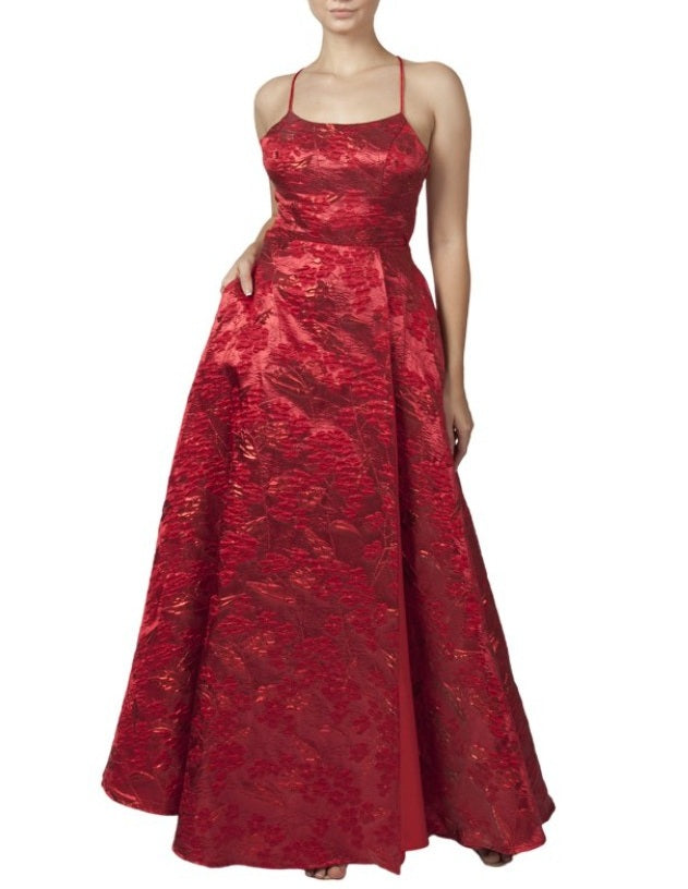 11575 Red jacquard satin. Open back. Princess skirt
