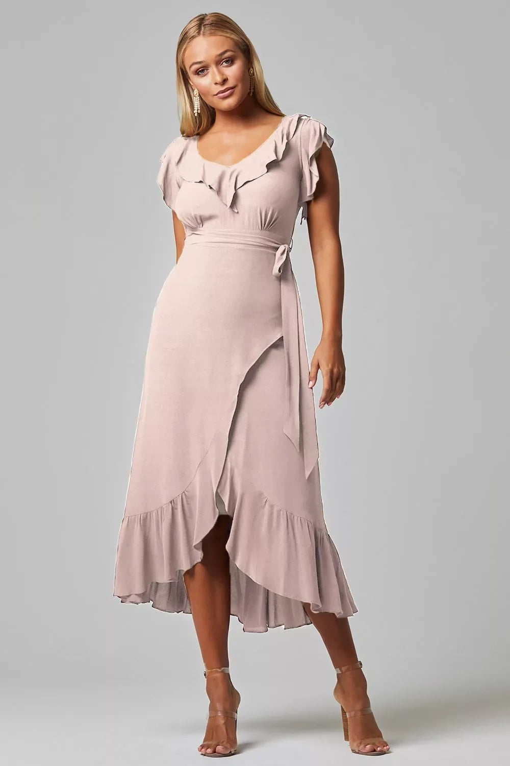 11604 Dusky pink high low. Frilled neckline
