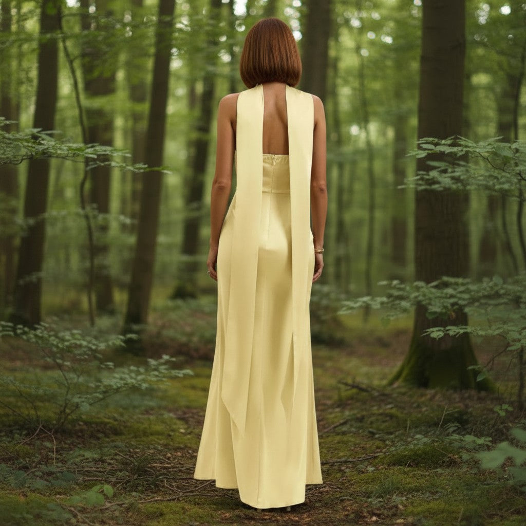 11606 Yellow strapless satin with split and scarf