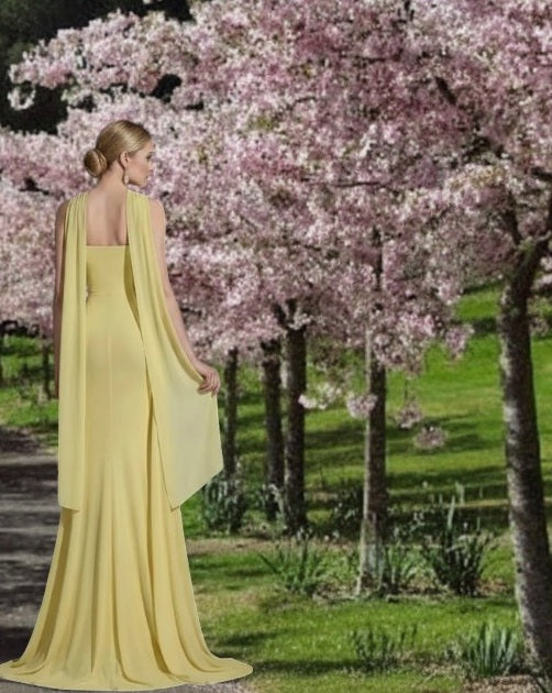 11607 Yellow strapless, semi fitted with long scarf
