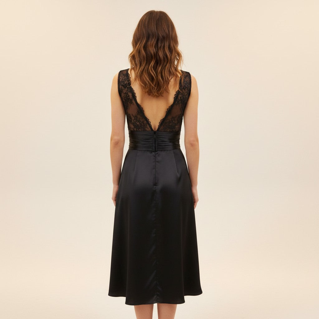 11617 Black satin and lace midi. V neck, low V back