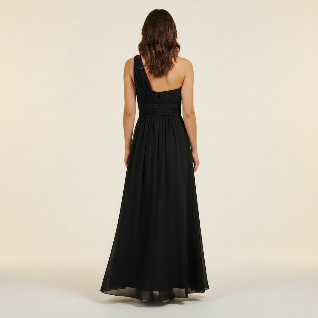 11618 Black chiffon, one shoulder maxi HIRE