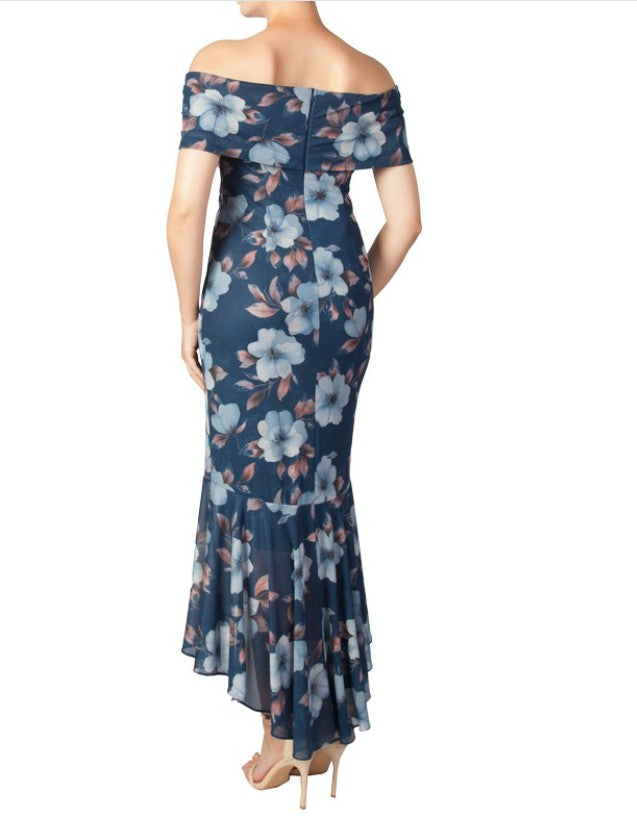 11631 Navy blue floral semi fitted. Off shoulder sleeves.