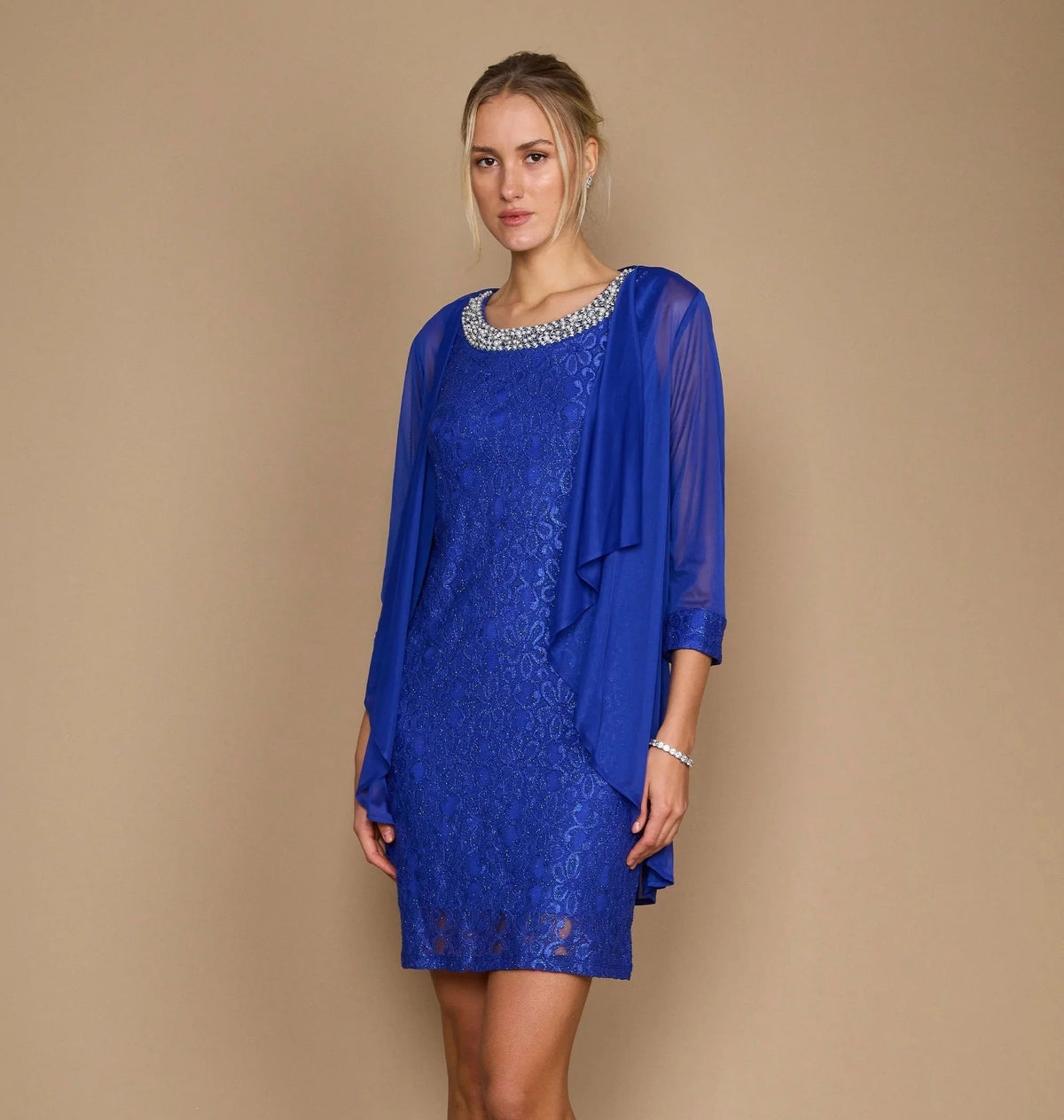 11645 Royal blue, sleeveless, knee length dress with separate jacket.
