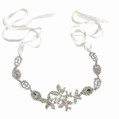 7658 Silver crystal embellished hair vine - with simulated ivory pearls.