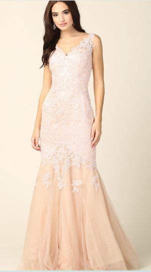 71211B Classic V neck lace fit and flare. Ivory and blush.