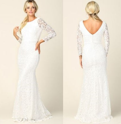 71242 Lace fit and flare with low V back and long sleeves.
