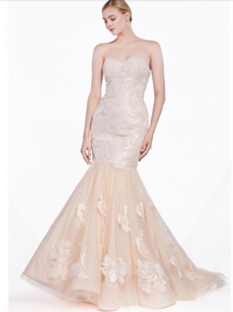 71304 Elegant champagne gown with floral applique.