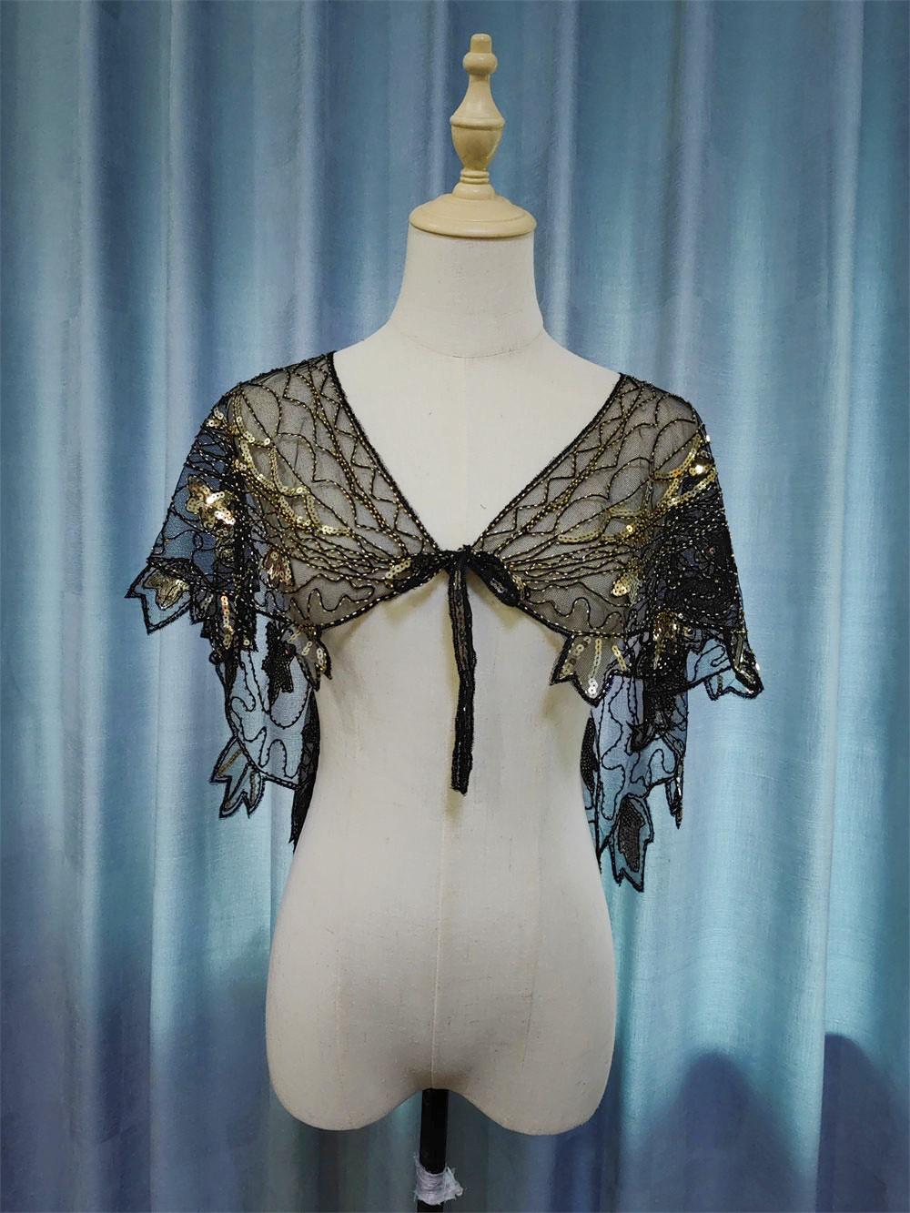 71522 Retro style. Beaded Sequins Cape/wrap. Black and Gold.