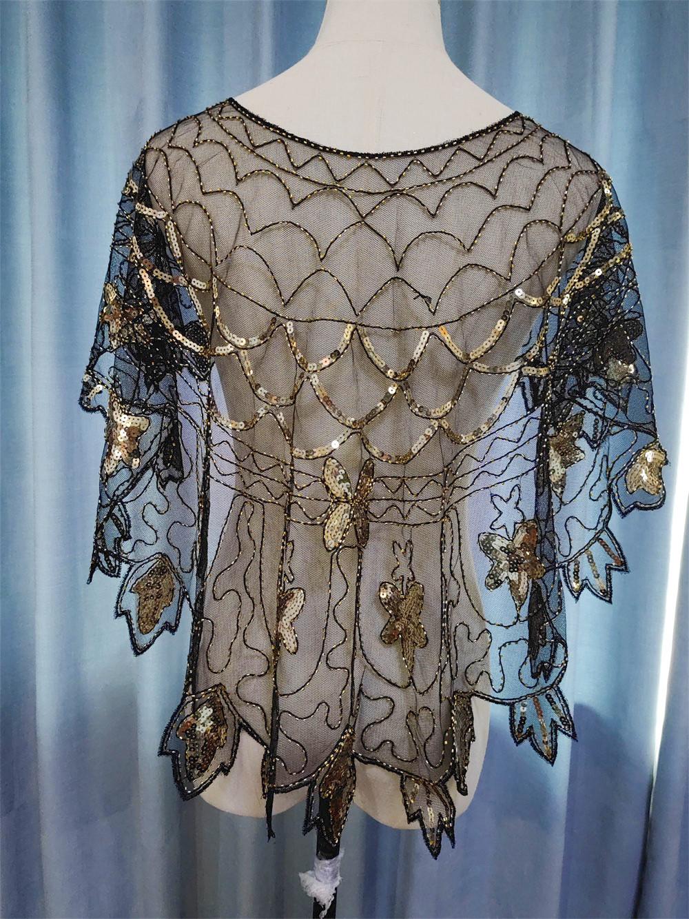 71522 Retro style. Beaded Sequins Cape/wrap. Black and Gold.