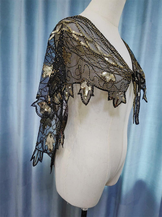 71522 Retro style. Beaded Sequins Cape/wrap. Black and Gold.