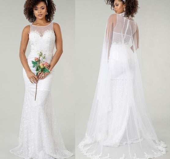 71606C Cape veil. Soft tulle with beautiful wide lace edge