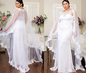 71606 Fit and flare lace gown with pearl detail and optional cape veil. Size 24